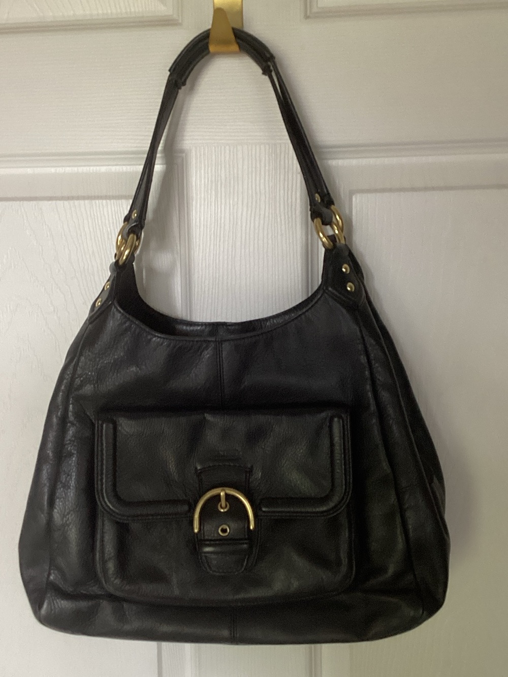 black triple fold genuine leather coach bag